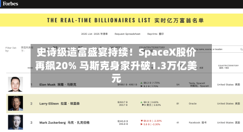 史诗级造富盛宴持续!SpaceX股价再飙20% 马斯克身家升破1.3万亿美元