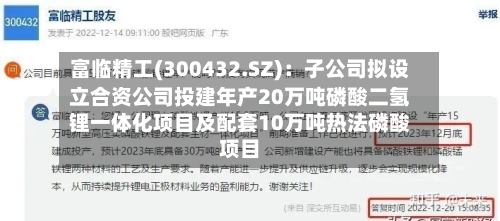 富临精工(300432.SZ):子公司拟设立合资公司投建年产20万吨磷酸二氢锂一体化项目及配套10万吨热法磷酸项目
