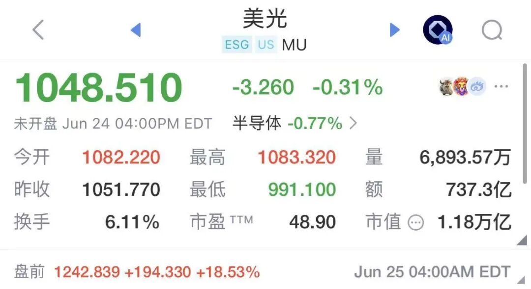 美股存储芯片盘前大涨，美光业绩炸裂狂飙超18%	，闪迪涨12%，希捷科技涨近9%